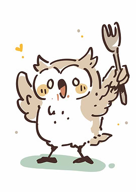 Cartoon Owl with Fork Illustration