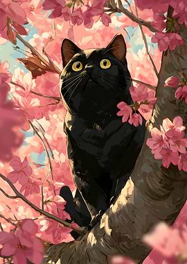 Black cat in cherry blossom tree