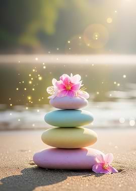 Pastel Stones and Flowers on Beach