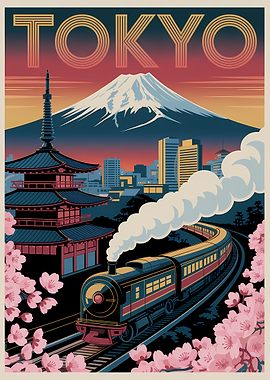 Tokyo Vintage Travel Poster with Train