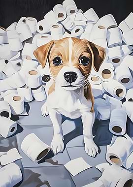 Puppy in Toilet Paper Mountain