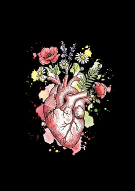 Anatomical Heart with Flowers Watercolor Art