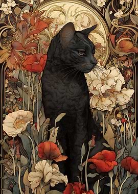 Elegant Black Cat in Floral Art