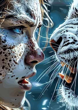 Woman and White Tiger Face to Face