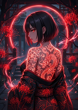 Anime Girl with Dragon Tattoo and Kimono