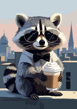 Dapper Raccoon with Coffee on Rooftop