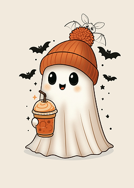Cute Ghost with Pumpkin Spice Latte