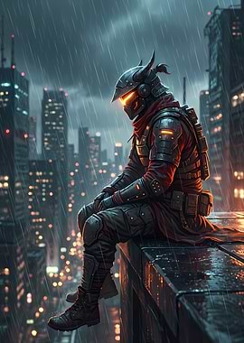Cyberpunk Warrior in Rainy Cityscape