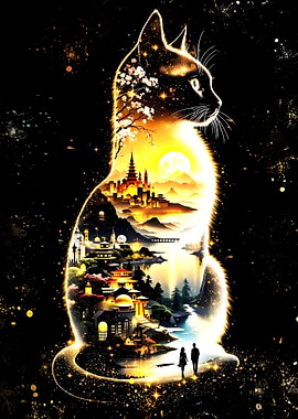 Golden Cat Silhouette with Asian Landscape