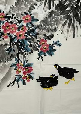 Ink Painting with Flowers and Birds