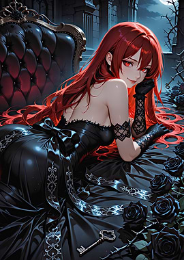 Red haired woman in black dress