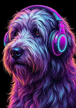 Neon Dog with Headphones Portrait