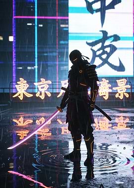 Cyberpunk Samurai in Rainy Cityscape