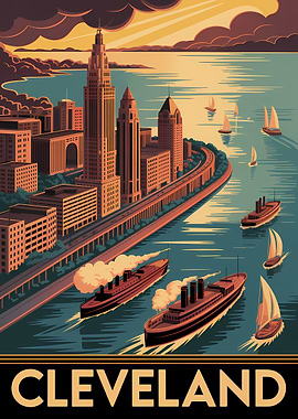 Cleveland Cityscape Vintage Travel Poster