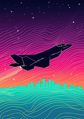Jet over Cityscape Retro Art