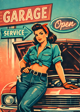 Retro Garage Girl with Car 1950