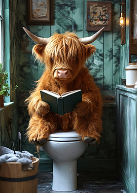 Highland Cow Reading on Toilet