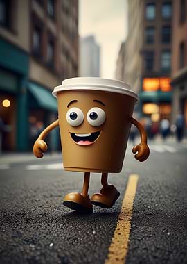 Animated Coffee Cup Walking on Street