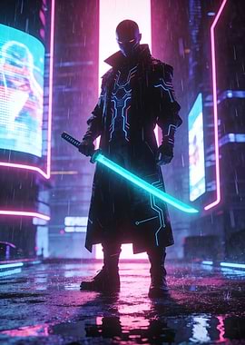 Cyberpunk Warrior with Neon Katana