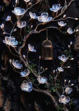 Enchanted glowing white blooms and bronze birdcage. Dark academia art