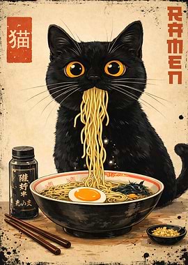 Black Cat Eating Ramen Illustration