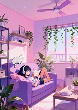 Anime Girl Reading with Cat