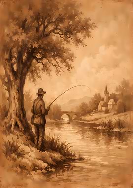 Vintage Fisherman by the River Painting