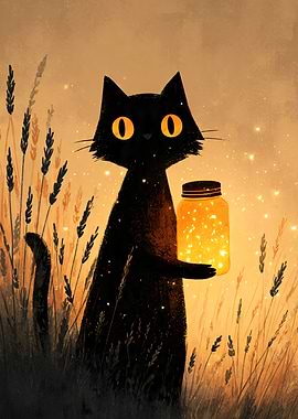 Black Cat with Glowing Jar
