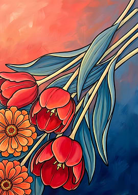 Floral Painting with Tulips and Zinnias
