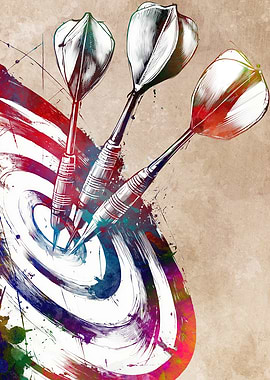Darts hitting target, watercolor style