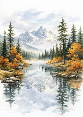 Watercolor Mountain Lake Autumn Landscape