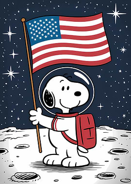 Snoopy Astronaut with American Flag on Moon