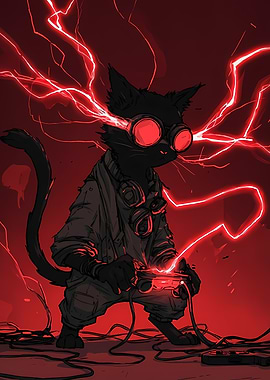 Cyberpunk Cat Gamer with Red Lightning