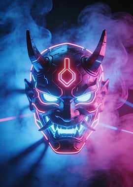 Neon Oni Mask in Smoky Atmosphere