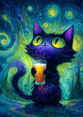 Starry Night Black Cat with Beer