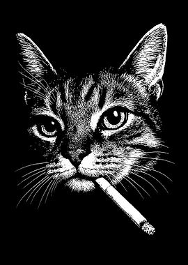 Smoking Cat Black and White Portrait