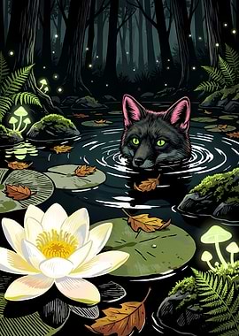 Fox in a forest pond