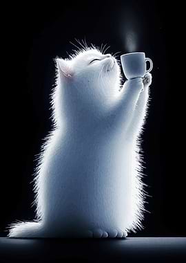 White Cat Enjoying Coffee