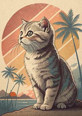 Retro Cat on Tropical Island