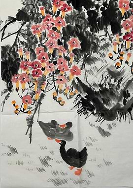 Ink Painting of Ducks and Flowers