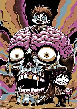 Zombie Brains and Skull Cartoon Illustration