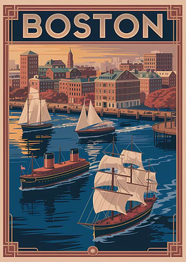 Boston Cityscape Vintage Travel Poster