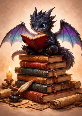 Dragon Reading Book on Book Stack