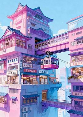 Pink Japanese Cityscape with Cable Car