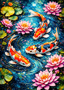 Koi Fish and Lotus Pond Art