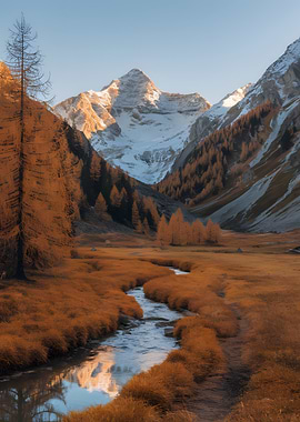Mountain Stream in Autumn Landscape