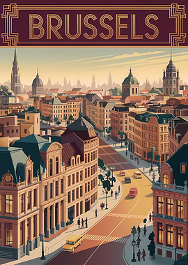Brussels Cityscape Art Deco Style Poster