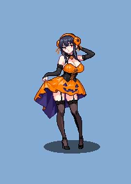 Anime Girl in Halloween Pumpkin Dress