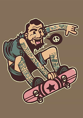 Cartoon Skateboarder with Tattoos and Peace