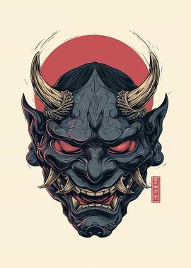 Hannya Mask Illustration with Red Sun